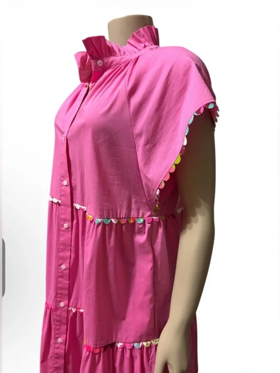 Crosby by Mollie Burch Sz S Whitley Dress Pink Bubblegum Tiered Ruffle Pom Trim - Picture 2 of 12